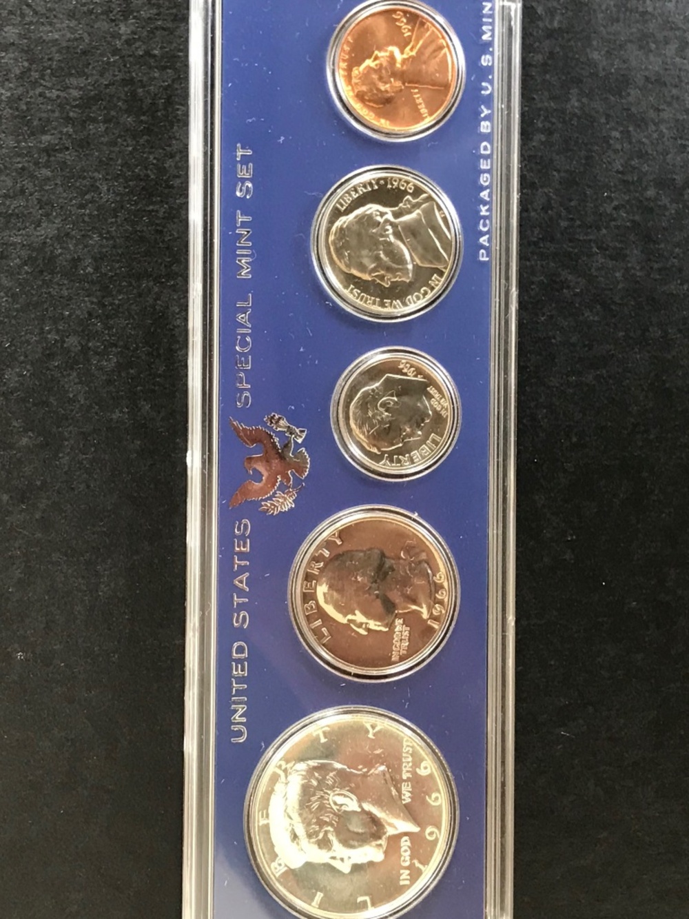 1966 US Special Mint Set, 5 Encased Unc Coins, 40% Silver JFK Half, High Luster